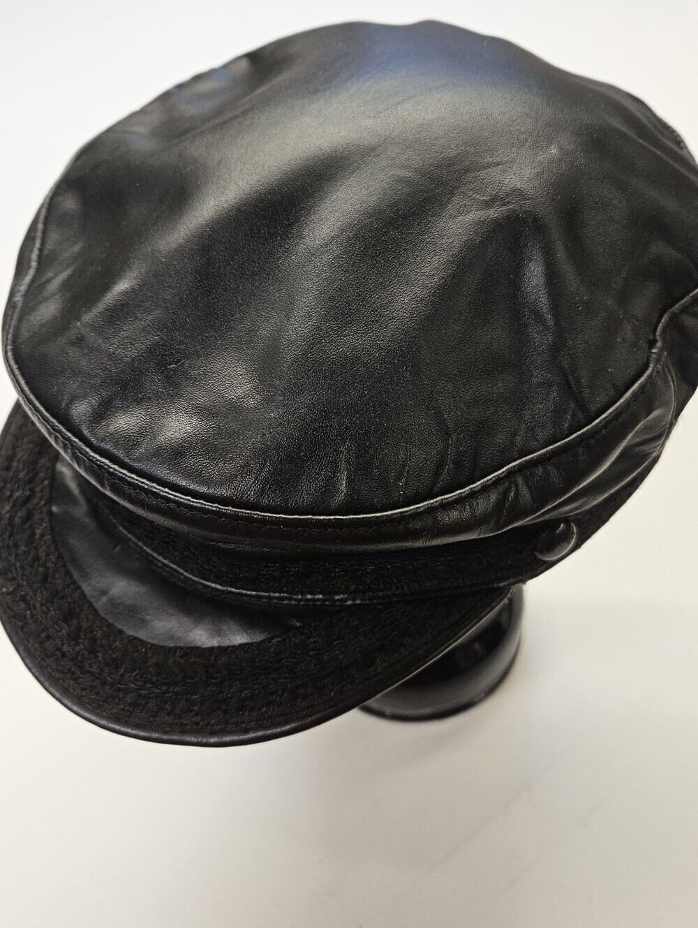 Vintage Black Leather Greek Fisherman Cap Biker Mariner Hat Medium